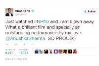Virat kohli tweeted about her love at nh10 cinema