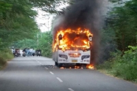 Passengers safe as private bus catches fire in vizianagaram