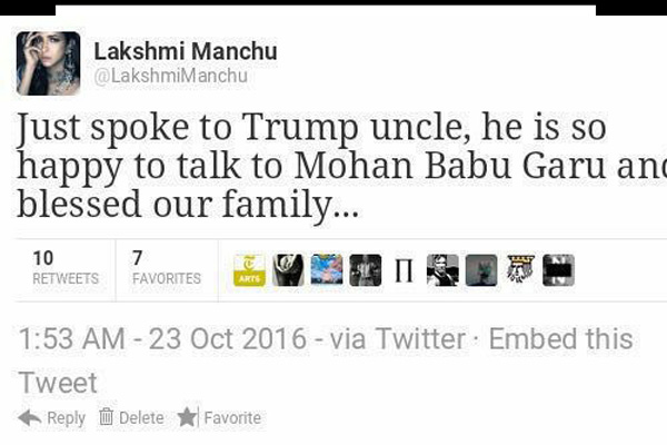 Manchulakshmi trump funny tweet