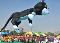 Participants fly a kite at the 26th International Kite Festival in Ahmedabad.