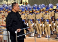 Andhra Pradesh Governor ESL Narasihman reviews the parade on 65th Republic Day Parade at Secunderabad Parade Grounds.