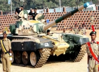 A military tank on display at the 65th Republic Day Parade in Secunderabad Parade Grounds.