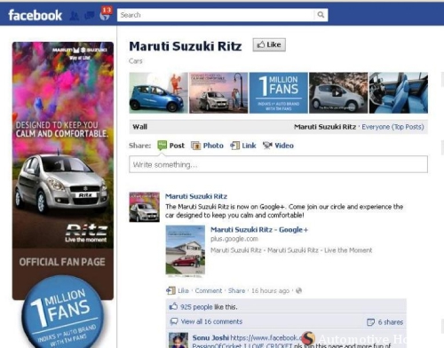 Maruti Suzuki Ritz Crosses One Million Fans On Facebook
