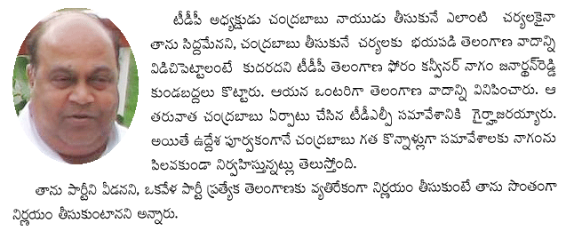 he long simmering differences between TDP Telangana Forum (TTDPF) convenor Nagam Janardhan Reddy and party chief N Chandrababu Naidu reached a