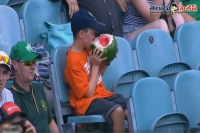 This kid eating an entire watermelon at a cricket game