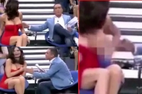 Woman storms off tv set after presenter exposes her breast live on air