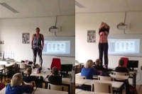 Biology teacher strips in classroom in front of students