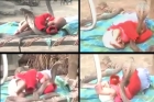 Sleeping baby protected by four cobras