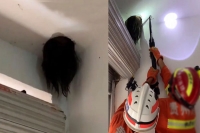 Girl gets head stuck in ceiling like horror movie in hilarious freak accident