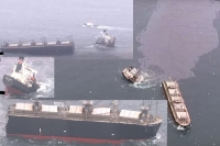 Cargo ship splits in two causes oil slick after running aground in japan port